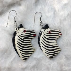 VINTAGE HAND PAINTED WOOD ZEBRA DROP EARRINGS